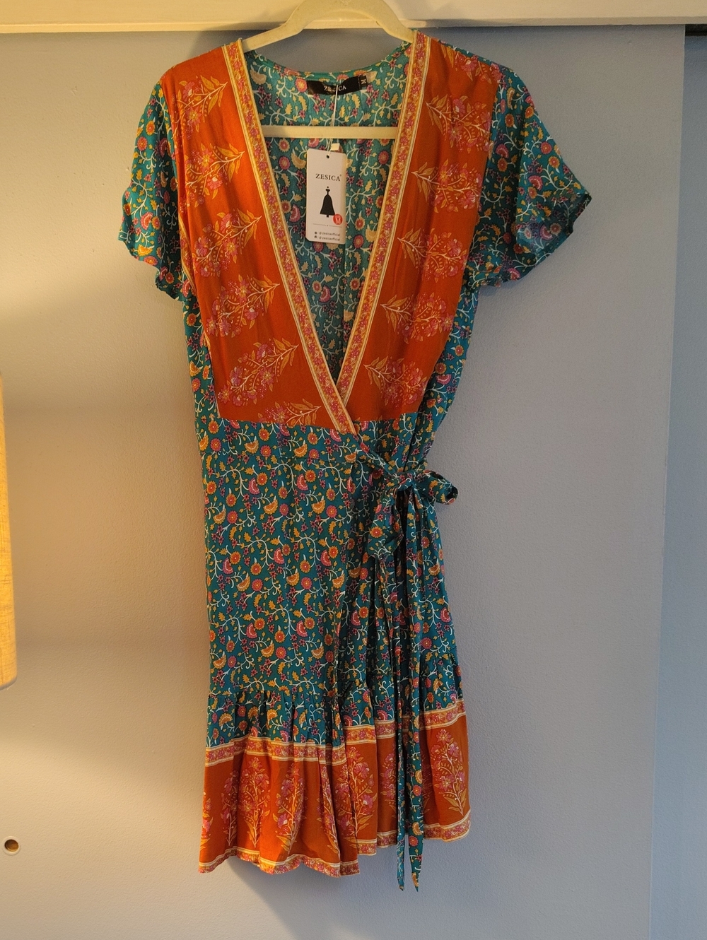Zesica Teal and Orange Floral Midi Wrap Dress